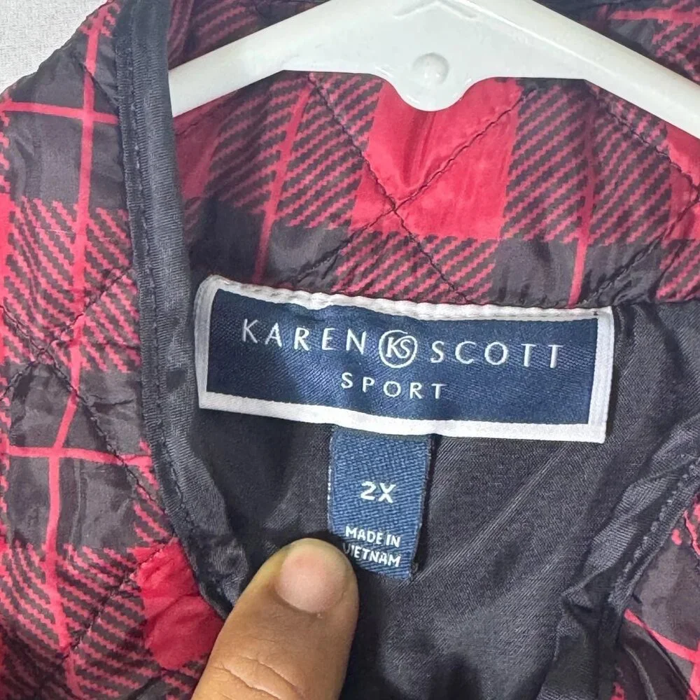Karen Scott Sport‎ Quilted Puffer Vest Womens Red Black Buffalo Plaid Size 2X